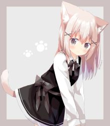 Rule 34 | 1girl, animal ears, black bow, black dress, blush, bow, brown hair, cat ears, cat girl, cat tail, closed mouth, collared shirt, commentary request, dress, dress shirt, grey background, grey eyes, hair between eyes, hair ornament, hairclip, highres, leaning forward, long hair, long sleeves, looking at viewer, nakkar, original, shirt, sleeveless, sleeveless dress, smile, solo, tail, twitter username, two-tone background, white shirt, x hair ornament
