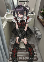 Rule 34 | 1girl, absurdres, ame-chan (needy girl overdose), arm warmers, armlet, bathroom, belt buckle, black bow, black bowtie, black footwear, black hair, black skirt, blush, bow, bowtie, buckle, cellphone, chain, charger, collared shirt, commentary, copyright name, drain (object), ear piercing, emoji, english commentary, english text, fingerless gloves, frilled sleeves, frills, gishiki (gshk), gloves, hair dryer, hair ornament, hair over one eye, highres, leg warmers, long hair, looking at viewer, mirror, needy girl overdose, phone, piercing, plant, poop emoji, potted plant, purple eyes, red shirt, shirt, short sleeves, sidelocks, sitting, skirt, smartphone, solo, studded armlet, tile floor, tiles, toilet, twintails, x hair ornament