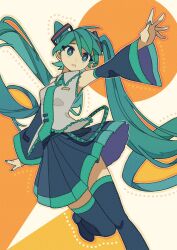 Rule 34 | aqua eyes, aqua hair, aqua nails, aqua necktie, arm up, black footwear, black skirt, boots, bright pupils, circle, collared shirt, commentary, contrapposto, detached sleeves, floating hair, foot out of frame, foot up, grey shirt, hair ornament, halftone, hatsune miku, highres, long hair, looking afar, necktie, orange background, outline, outstretched hand, parted lips, pleated skirt, reaching, shirt, skirt, sleeveless, sleeveless shirt, tenteko mai51, thigh boots, thighhighs, tie clip, twintails, two-tone background, very long hair, vocaloid, white background, white pupils, wide sleeves, zettai ryouiki