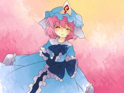 Rule 34 | 1girl, ^ ^, arm garter, bad id, bad pixiv id, blush, closed eyes, closed mouth, female focus, frills, gradient background, hammer (sunset beach), hat, japanese clothes, kimono, long sleeves, mob cap, pink background, pink eyes, pink hair, saigyouji yuyuko, short hair, simple background, solo, tareme, touhou, triangular headpiece, upper body, veil, white background