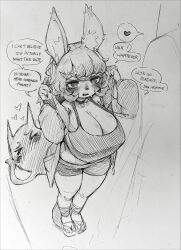 Rule 34 | 1girl, breasts, comic, female focus, huge breasts, lineart, looking at another, original, rabbit ears, rabbit girl, renocoffee
