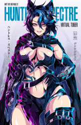 Rule 34 | 1girl, absurdres, animal ear fluff, animal ears, artist name, belt, black belt, black cape, black gloves, black hair, black leotard, black nails, blue hair, bracer, breasts, cape, character name, cleavage cutout, clothing cutout, defaultz, elbow gloves, gloves, hair between eyes, highres, huntress spectre (vtuber), indie virtual youtuber, large breasts, leotard, linea alba, multicolored hair, partially fingerless gloves, short hair, silver trim, single thighhigh, solo, stomach, stomach cutout, stomach tattoo, streaked hair, tattoo, thighhighs, virtual youtuber, wolf ears, wolf girl, yellow eyes