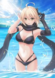 Rule 34 | 1girl, ahoge, asymmetrical gloves, bikini, black bikini, black bow, black gloves, black scarf, blonde hair, blue sky, bow, breasts, cleavage, cloud, cowboy shot, day, elbow gloves, fate/grand order, fate (series), floating hair, gloves, gluteal fold, hair bow, lens flare, looking at viewer, medium breasts, multi-strapped bikini, navel, necocafe lili, ocean, okita j. souji (fate), okita j. souji (first ascension) (fate), okita souji (fate), okita souji (koha-ace), outdoors, scarf, short hair, single glove, sky, solo, standing, sunlight, swimsuit, thigh gap, uneven gloves, wading