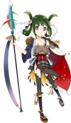 Rule 34 | 1girl, asymmetrical sleeves, black thighhighs, breasts, cleavage, flat chest, full body, green hair, holding, holding polearm, holding spear, holding weapon, iwateyama (oshiro project), kamaboko red, mismatched sleeves, official art, oshiro project:re, oshiro project:re, polearm, purple eyes, smile, solo, spear, thighhighs, transparent background, twintails, weapon