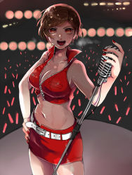 Rule 34 | 1girl, :d, audience, belt, breasts, brown eyes, brown hair, cleavage, concert, crop top, crowd, glowstick, hand on own hip, holding, holding microphone, itoko (i t k), large breasts, looking at viewer, meiko (vocaloid), microphone, microphone stand, midriff, miniskirt, navel, open mouth, red skirt, short hair, skirt, smile, solo, stage lights, sweatdrop, thighs, unzipped, vocaloid, zipper, zipper pull tab