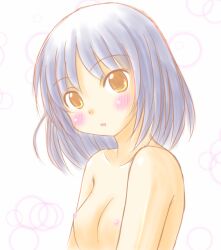 Rule 34 | 1girl, alternate hair color, amagami, bare shoulders, bathing, blue hair, blush, bob cut, breasts, brown eyes, bubble, collarbone, commentary, completely nude, fuwafuwapopo, head tilt, looking at viewer, nipples, nude, parted lips, pastel colors, short hair, simple background, sketch, small breasts, soap bubbles, solo, tachibana miya, upper body, white background