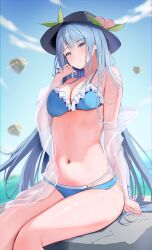 Rule 34 | 1girl, 258n, absurdres, alternate eye color, bare arms, bare shoulders, bikini, black hat, blue bikini, blue eyes, blue hair, blush, breasts, cleavage, closed mouth, commentary request, day, feet out of frame, fruit hat, hat, highres, hinanawi tenshi, jacket, large breasts, long hair, long sleeves, navel, outdoors, peach hat ornament, see-through, see-through jacket, see-through sleeves, sitting, solo, swimsuit, touhou