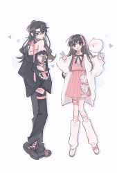 Rule 34 | 2girls, bare shoulders, black eyes, black footwear, black hair, black jacket, black pants, breasts, closed mouth, clothing cutout, commentary, creature, dress, flat chest, full body, genderswap, genderswap (mtf), heart, heart cutout, highres, holding, jacket, kim dokja, long hair, long sleeves, looking at viewer, looking back, multiple girls, off shoulder, omniscient reader&#039;s viewpoint, open clothes, open jacket, open mouth, pants, pink dress, pleated dress, shin yoosung, simple background, small breasts, smile, standing, symbol-only commentary, v, white background, white footwear, white jacket, ya qaq, yoo joonghyuk