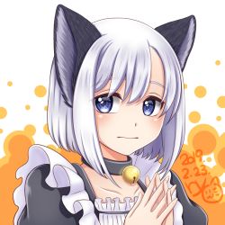Rule 34 | 1girl, animal ears, arms up, bell, blue eyes, blush, cat ears, collar, collarbone, commentary request, dated, embarrassed, interlocked fingers, jingle bell, looking at viewer, maid, neck bell, orange background, original, own hands together, parted bangs, ryo (rosebud), short hair, silver hair, solo, thick eyebrows, two-tone background, upper body, white background