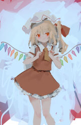 Rule 34 | 1girl, back bow, blonde hair, blue background, blush, bow, closed mouth, feet out of frame, flandre scarlet, frilled skirt, frilled sleeves, frills, hair between eyes, hat, highres, large bow, light smile, looking at viewer, medium hair, mob cap, multicolored wings, one side up, puffy short sleeves, puffy sleeves, red eyes, red skirt, red vest, reddizen, shirt, short sleeves, simple background, skirt, skirt set, solo, touhou, vest, white bow, white hat, white shirt, wings