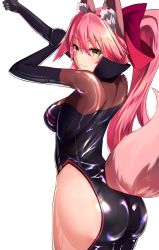 Rule 34 | 1girl, animal ears, arms up, ass, black bodysuit, blush, bodysuit, bow, breasts, choker, clothing cutout, cowboy shot, eyewear strap, fate/grand order, fate (series), fox ears, fox tail, from behind, glasses, grey-framed eyewear, hair bow, hand on own arm, highres, hip focus, koyanskaya (assassin) (first ascension) (fate), koyanskaya (fate), large bow, large breasts, latex, long hair, looking at viewer, looking back, nanasumi (pantie party project), open mouth, over-rim eyewear, parted lips, pink bow, pink hair, semi-rimless eyewear, shiny clothes, shiny skin, sidelocks, simple background, skin tight, solo, standing, tail, tail through clothes, tamamo (fate), thick eyebrows, thighs, very long hair, white background, wide hips, yellow eyes