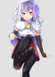 Rule 34 | 1girl, ajax (azur lane), azur lane, beret, black pantyhose, commentary request, detached sleeves, feet, fine fabric emphasis, grey background, gurande (g-size), hair ornament, hairclip, hat, high-waist skirt, highres, long sleeves, looking at viewer, no shoes, pantyhose, parted lips, plaid, plaid skirt, pleated skirt, purple eyes, purple hair, red skirt, shirt, simple background, sitting, skirt, sleeves past wrists, smile, soles, solo, toes, two side up, white hat, white shirt