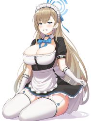 Rule 34 | 1girl, apron, asuna (blue archive), bad id, bad pixiv id, blue archive, blue eyes, blue ribbon, blush, breasts, brown hair, choker, chromatic aberration, cleavage, clothes lift, curvy, dress, elbow gloves, frills, full body, garter straps, gloves, grin, haeil2, hair between eyes, halo, highres, lace, lace-trimmed dress, lace-trimmed gloves, lace trim, large breasts, lifting own clothes, long hair, looking at viewer, maid, maid apron, maid headdress, miniskirt, mole, mole on breast, neck ribbon, pale skin, puffy short sleeves, puffy sleeves, ribbon, shadow, short sleeves, simple background, sitting, skirt, skirt lift, smile, solo, thighhighs, thighs, very long hair, white background, white thighhighs, yokozuwari, zettai ryouiki