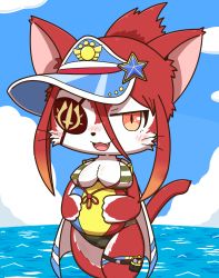 Rule 34 | 1girl, animal ears, artist request, ball, beachball, bikini, body fur, breasts, cat, cat busters, cat ears, cat girl, cat tail, cowboy shot, day, eyepatch, furry, furry female, highres, hinozuki (cat busters), open mouth, red hair, short hair, solo, striped bikini, striped clothes, swimsuit, tail, thighs, water, whiskers