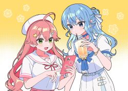 Rule 34 | 2girls, ahoge, belt, blue choker, blue eyes, blue hair, blue nails, blush, cat hair ornament, choker, cup, disposable cup, drink, drinking, drinking straw, drinking straw in mouth, earrings, floral background, green eyes, hair between eyes, hair ornament, hairclip, hand up, hands up, highres, holding, holding cup, holding phone, hololive, hoshimachi suisei, hoshimachi suisei (school uniform), jewelry, lace-trimmed sleeves, lace trim, long hair, looking at phone, multiple girls, nail polish, official alternate costume, official alternate hairstyle, open mouth, phone, pink hair, pink nails, pink skirt, pleated skirt, polka dot, polka dot background, puffy short sleeves, puffy sleeves, red ribbon, ribbon, sailor collar, sakura miko, sakura miko (school uniform), school uniform, serafuku, shirt, short sleeves, skirt, soh himitsuki, star (symbol), star in eye, symbol in eye, two-tone background, virtual youtuber, white background, white beret, white sailor collar, white serafuku, white shirt, white skirt, yellow background