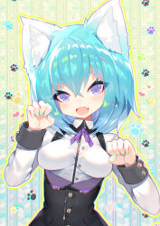Rule 34 | 1girl, :d, animal ear fluff, animal ears, black vest, blue hair, blue nails, blush, breasts, cat ears, chromatic aberration, collared shirt, fang, fingernails, hair between eyes, head tilt, heart, highres, long sleeves, looking at viewer, mamuru, medium breasts, nail polish, neck ribbon, open mouth, original, paw pose, paw print, paw print background, purple eyes, purple ribbon, ribbon, shirt, smile, solo, thick eyebrows, upper body, vest, white shirt