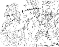 Rule 34 | 1boy, 1girl, bare shoulders, bb (baalbuddy), belt, breasts, cleavage, commentary, corset, elf, emphasis lines, english commentary, greyscale, hair ornament, hairpin, hand on own hip, hand up, helmet, highres, kiseru, large breasts, long hair, long sleeves, looking at viewer, mole, mole under mouth, monochrome, original, paladin (baalbuddy), parted lips, pointy ears, pouch, praise the sun, shield, smoking pipe, standing, sword, sword behind back, tabard, weapon, weapon on back