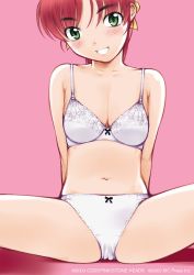 Rule 34 | 00s, 1girl, :d, arms behind back, blush, bow, bow bra, bow panties, bra, breasts, cleavage, green eyes, hair ribbon, hayase mina, kiriyama taichi, lace, lace bra, lingerie, navel, open mouth, panties, red hair, ribbon, sexfriend, simple background, sitting, smile, solo, spread legs, underwear, underwear only, white bra, white panties