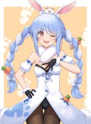 Rule 34 | &gt; &lt;, 1girl, :d, ;d, absurdres, animal ear fluff, animal ears, bad id, bad pixiv id, black gloves, black leotard, blue hair, bow, braid, breasts, brown pantyhose, carrot hair ornament, commentary request, detached sleeves, don-chan (usada pekora), dress, food-themed hair ornament, fur scarf, gloves, hair bow, hair ornament, hand on own chest, hand on own hip, highres, hololive, leotard, multicolored hair, one eye closed, open mouth, pantyhose, pekomon (usada pekora), rabbit ears, red eyes, short eyebrows, short sleeves, small breasts, smile, teeth, thick eyebrows, twin braids, twintails, two-tone hair, upper teeth only, usada pekora, usada pekora (1st costume), virtual youtuber, white bow, white dress, white hair, xd, yihsien