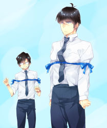 Rule 34 | 10s, 2boys, bad id, bad pixiv id, black hair, formal, glasses, gradient background, idolmaster, idolmaster cinderella girls, male focus, multiple boys, necktie, open mouth, producer (idolmaster), producer (idolmaster anime), producer (idolmaster cinderella girls anime), rei no himo, short hair, smile, suit