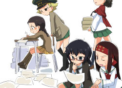 Rule 34 | 5girls, :q, arm support, bad id, bad pixiv id, black eyes, black footwear, black hair, black jacket, black legwear, black neckerchief, blonde hair, blouse, blush stickers, boots, braid, brown eyes, brown footwear, brown hair, brown jacket, caesar (girls und panzer), chair, chi-hatan military uniform, desk, erwin (girls und panzer), fukuda haru, gesture, girls und panzer, glasses, green headwear, green skirt, hand on own chin, haori, hat, head out of frame, headband, holding, holding paper, holding pen, jacket, jacket on shoulders, japanese clothes, knee boots, leaning forward, loafers, long hair, long sleeves, looking at another, medium hair, messy hair, military, military hat, military jacket, military uniform, miniskirt, motion lines, multiple girls, muneate, neckerchief, ogihara mach, one eye closed, ooarai school uniform, oryou (girls und panzer), paper, peaked cap, pen, pleated skirt, pointy hair, red-framed eyewear, red headband, red scarf, round eyewear, saemonza (girls und panzer), scarf, school chair, school desk, school uniform, semi-rimless eyewear, serafuku, shirt, shoes, short hair, short ponytail, sitting, skirt, socks, standing, sweatdrop, tongue, tongue out, under-rim eyewear, uniform, walking, white bag, white shirt, writing, yellow skirt