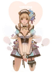 Rule 34 | 1girl, animal ears, balloon, breasts, brown eyes, brown hair, center opening, cleavage, collar, corset, dltjssud990, dress, flower, hair flower, hair ornament, heart, kneeling, medium breasts, short dress, single thighhigh, smile, solo, thighhighs, twintails