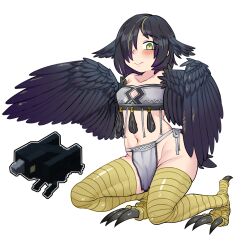 Rule 34 | 1girl, absurdres, animal ears, bandeau, bare shoulders, bird ears, bird legs, black feathers, black hair, black wings, blonde hair, blush, breasts, center opening, commentary, creature and personification, feathered wings, feathers, gradient hair, green eyes, hair over one eye, harpy, highres, loincloth, long hair, looking at viewer, midriff, minecraft, monster girl, multicolored hair, navel, original, personification, purple hair, r-dragon, simple background, small breasts, smile, streaked hair, two-tone eyes, white background, winged arms, wings, yellow eyes