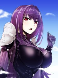 1girl aircraft airplane blush bodysuit breasts building cloud covered_erect_nipples day destruction fate/grand_order fate_(series) female_focus giant giantess hair_intakes highres large_breasts long_hair open_mouth purple_bodysuit rakia_(ds00309) red_eyes scathach_(fate) skin_tight skyscraper solo very_long_hair