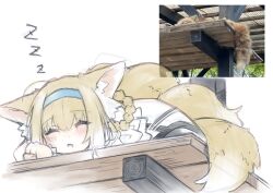 Rule 34 | 1girl, animal ear fluff, animal ears, arknights, blonde hair, blue hairband, braid, closed eyes, commentary request, fox, fox ears, fox girl, fox tail, hairband, highres, kitsune, long hair, photo-referenced, photo inset, reference inset, semi colon, simple background, sketch, sleeping, suzuran (arknights), tail, white background, zzz
