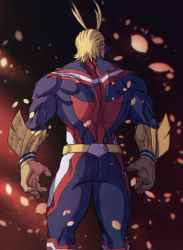 Rule 34 | 1boy, absurdres, all might, antenna hair, ass, back, blonde hair, blue bodysuit, bodysuit, boku no hero academia, covered eyes, feet out of frame, from behind, hair slicked back, highres, male focus, medium hair, muscular, petals, skedoodly, smile, solo, superhero costume, thighs