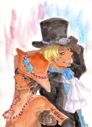 Rule 34 | 2boys, back-to-back, brothers, brown hair, coat, ascot, family, fire, freckles, gloves, hat, highres, jewelry, male focus, multiple boys, necklace, one piece, portgas d. ace, sabo (one piece), topless male, siblings, smile, smiley, tattoo, top hat