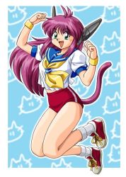 Rule 34 | 1990s (style), absurdres, android, animal ears, bloomers, cat ears, cat tail, fugou keiji balance:unlimited, highres, natsume atsuko, purple hair, retro artstyle, school uniform, shoes, tail, underwear