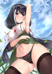 Rule 34 | 1girl, armpits, black hair, black panties, blue sky, blush, bow, bow panties, breasts, brown thighhighs, choker, cloud, commentary request, cowboy shot, day, dress, eyewear on head, from below, gem, gluteal fold, grass, highres, kannko bokujou, karyl (princess connect!), karyl (real) (princess connect!), lace, lace-trimmed panties, lace trim, large breasts, long hair, looking at viewer, low twintails, multicolored hair, navel, o-ring, outdoors, panties, princess connect!, purple eyes, revision, sideboob, skindentation, sky, sleeveless, sleeveless dress, solo, stomach, streaked hair, sunglasses, thighhighs, twintails, underwear, white hair, zipper