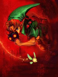 1boy antsubu_0 blue_eyes blue_hair boots fairy hat highres leaning_forward link looking_at_viewer majora_(entity) mask nintendo pointy_ears red_background running solo tatl the_legend_of_zelda the_legend_of_zelda:_majora&#039;s_mask tunic