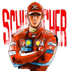 Rule 34 | 1boy, character name, closed mouth, crossed arms, formula one, light smile, long sleeves, looking at viewer, male focus, michael schumacher, racing suit, real life, red headwear, shell (company), simple background, soda masahito, solo, text background, upper body, white background