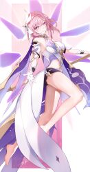 Rule 34 | 1girl, absurdres, bare legs, bare shoulders, barefoot, black shorts, breasts, bridal veil, clothing cutout, commentary request, detached sleeves, diamond-shaped pupils, diamond (shape), dress, elysia (herrscher of human:ego) (honkai impact), elysia (honkai impact), full body, gloves, hair between eyes, hair intakes, highres, holding, holding staff, honkai (series), honkai impact 3rd, large breasts, long hair, looking at viewer, ooo wange, parted lips, pink hair, pink pupils, purple eyes, reaching, reaching towards viewer, shorts, side cutout, signature, smile, soles, solo, staff, symbol-shaped pupils, toes, veil, white background, white dress, white gloves, white sleeves, white veil