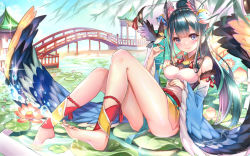 Rule 34 | 1girl, barefoot, bird, black hair, blue eyes, blush, breasts, bridge, closed mouth, day, detached sleeves, facial mark, feet, flower, high ponytail, highres, long hair, looking at viewer, lotus, medium breasts, official art, onmyoji, outdoors, pierorabu, pond, ponytail, revision, sitting, smile, soles, solo, thighs, tsurime, wide sleeves, wings