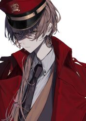Rule 34 | 1boy, absurdres, bad id, bad pixiv id, black necktie, brown eyes, brown hair, coat, collared shirt, commentary request, cropped torso, crown print, dorq (kvv20o), earrings, expressionless, hair over shoulder, hat, head tilt, highres, jewelry, kagami hayato, kepi, long hair, looking at viewer, male focus, military hat, necktie, nijisanji, red coat, red hat, shirt, simple background, solo, undershirt, upper body, virtual youtuber, white background, white shirt