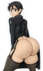 Rule 34 | 1boy, ass, black eyes, black hair, clothes, detnox, highres, huge ass, kirito, looking back, male focus, short hair, simple background, solo, sword art online, thighhighs, white background