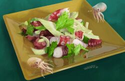 Rule 34 | absurdres, animal, calamari, dated, food, green background, highres, lettuce, no humans, octopus, original, plate, reflection, signature, suction cups, surreal, tainosuke