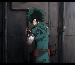 Rule 34 | 1boy, alley, belt, belt pouch, blood, blood on clothes, blood on face, blood on gloves, blood on hands, blood on wall, blurry, bodysuit, boku no hero academia, cel shading, chromatic aberration, curly hair, depth of field, dirty, dirty clothes, dirty face, floating clothes, freckles, from behind, green bodysuit, green hair, green mask, hand up, head down, highres, inawa akito, industrial pipe, letterboxed, looking at hand, male focus, midoriya izuku, outdoors, pouch, red belt, scratches, short hair, sidelighting, solo, standing, upper body