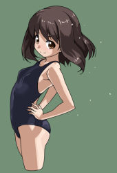 Rule 34 | 1girl, arched back, bad id, bad pixiv id, black one-piece swimsuit, blue one-piece swimsuit, breasts, brown eyes, brown hair, competition swimsuit, cowboy shot, from side, green background, hands on own hips, looking at viewer, looking to the side, one-piece swimsuit, original, rohitsuka, short hair, simple background, small breasts, smile, solo, swimsuit