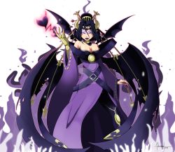 Rule 34 | 10s, 1girl, adriano lima, bare shoulders, bat wings, black hair, blue eyes, breasts, choker, claws, cleavage, comb, demon girl, digimon, digimon (creature), digimon xros wars, dress, eyeshadow, facial mark, fingernails, fire, forehead mark, hair ornament, highres, horns, lilithmon, lipstick, looking at viewer, makeup, multiple wings, pointy ears, purple dress, purple fire, purple lips, sharp fingernails, short hair, signature, solo, watermark, wide sleeves, wings