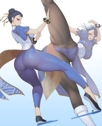 Rule 34 | 1girl, ass, black footwear, black socks, blue eyes, blue hair, blue socks, breasts, bun cover, capcom, china dress, chinese clothes, chun-li, closed mouth, double bun, dress, hair bun, highres, kicking, kneehighs, large breasts, looking at viewer, multiple views, open mouth, pantyhose, short sleeves, socks, street fighter, street fighter 6, suerte, thighs, white background, white footwear