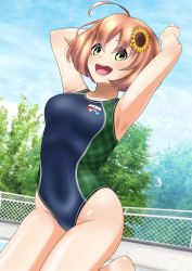 Rule 34 | 1girl, ahoge, blue one-piece swimsuit, blue sky, brown hair, chain-link fence, cloud, commentary request, competition swimsuit, cowboy shot, day, fence, flower, green eyes, hair flower, hair ornament, hairclip, highres, honma himawari, light brown hair, medium hair, nijisanji, one-piece swimsuit, open mouth, outdoors, plaid, round teeth, short hair, sky, smile, solo, sunflower, sunflower hair ornament, swimsuit, teeth, upper teeth only, virtual youtuber, yurizuku owl
