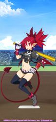 Rule 34 | 1girl, 2018, anklet, baseball bat, baseball uniform, black thighhighs, bracelet, choker, clothes writing, dated, day, demon girl, demon tail, demon wings, disgaea, earrings, elbow pads, etna (disgaea), fang, full body, gloves, hand on own hip, harada takehito, highres, holding, holding baseball bat, holding bat, jewelry, long hair, looking at viewer, lowleg, lowleg pants, midriff, navel, non-web source, open mouth, outdoors, pants, pointy ears, red eyes, red hair, shirt, short shorts, short sleeves, shorts, skull earrings, solo, sportswear, tail, thighhighs, tied shirt, twintails, wings