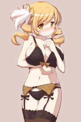 Rule 34 | 1girl, adapted costume, arm under breasts, beige background, black bra, black panties, black ribbon, blonde hair, blush, bra, breasts, brown ribbon, brown thighhighs, chauke, cleavage, closed mouth, collarbone, cowboy shot, dot nose, drill hair, feathers, floral print, flower, garter straps, groin, hair flower, hair ornament, hairpin, half-closed eyes, hand on own chest, hand up, happy, highres, lace, lace-trimmed bra, lace trim, large breasts, legs together, looking at viewer, mahou shoujo madoka magica, mahou shoujo madoka magica (anime), navel, panties, ribbon, shiny skin, simple background, smile, solo, stomach, thighhighs, thighs, tomoe mami, twin drills, underwear, yellow eyes