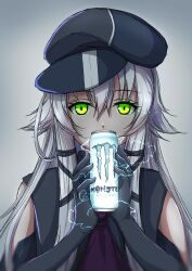 Rule 34 | 1girl, altina orion, ascot, cabbie hat, can, eiyuu densetsu, elbow gloves, electricity, energy drink, gloves, green eyes, grey background, grey gloves, grey hat, hair between eyes, hat, highres, holding, holding can, konohannunopencil, looking at viewer, monster energy, purple ascot, sen no kiseki, sen no kiseki iii, simple background, solo, upper body, white hair
