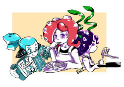 Rule 34 | 1boy, 2girls, :q, aqua eyes, aqua hair, aqua shirt, artist name, black hair, butter, closed eyes, closed mouth, cropped torso, eating, food, food theft, fork, from side, frown, frying pan, genteel (zoza), green eyes, hawaiian shirt, headgear, holding, holding food, holding fork, inkling, inkling boy, inkling player character, kelp, looking at viewer, magazine (object), mechanical arms, medium hair, multiple girls, name connection, outside border, pancake (zoza), parody, plate, playboy, red hair, scrunchie, shirt, short hair, signature, single mechanical arm, smile, spatula, suction cups, takozonesu, tentacle hair, tongue, tongue out, topknot, waffle (zoza), whistle, yellow background, zoza