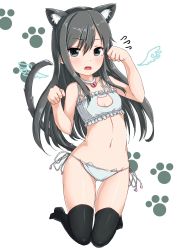 Rule 34 | 10s, 1girl, ame-rain, animal ears, asashio (kancolle), bell, black hair, black thighhighs, blue eyes, cat cutout, cat ear panties, cat ears, cat lingerie, cat tail, choker, cleavage cutout, clothing cutout, flat chest, flying sweatdrops, highres, kantai collection, long hair, looking at viewer, meme attire, navel, neck bell, panties, paw pose, paw print, side-tie panties, solo, tail, thighhighs, underwear